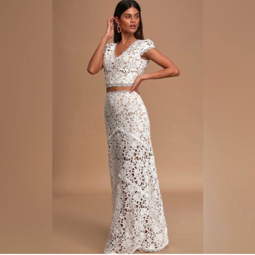 Lulus Special Moments White Crochet Lace Two-Piece Maxi Dress Size XL